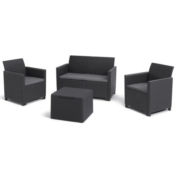 Set mobilier gradina DacEnergy©, polipropilena, masa 2 fotolii si o canapea cu perne, 4 persoane, spatiu depozitare, 55.5 x 55.5 x 38.5 cm, grafit, Numar persoane	: 4-Dacenergy.ro