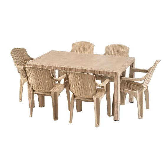 Set masa DacEnergy©, fabricat din polipropilena, cu model impletitura de ratan, forma dreptunghiulara, cu 6 scaune, pentru interior/ exterior, crem, Numar persoane	: 6, Culoare: Crem-Dacenergy.ro