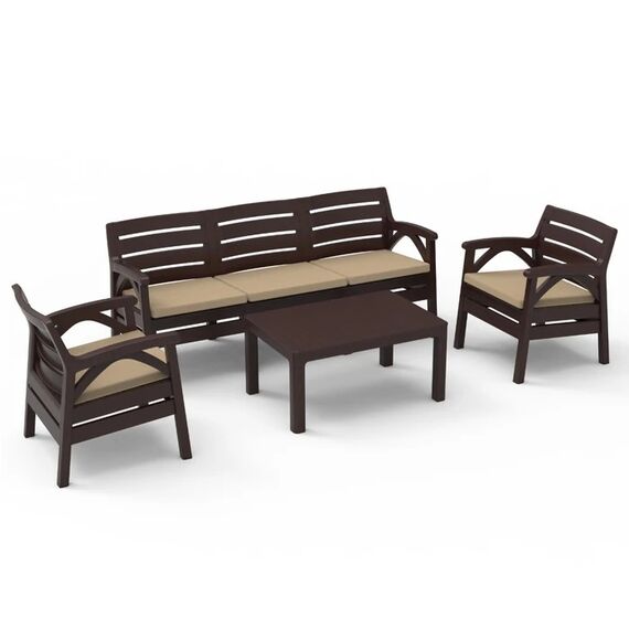 Set mobilier gradina DacEnergy©, polipropilena, cu 2 fotolii si o canapea cu perne, 5 persoane, rezistenta la factorii atmosferici si razele UV, 79 x 55 x 38 cm, maro + crem, Numar persoane	: 5-Dacenergy.ro