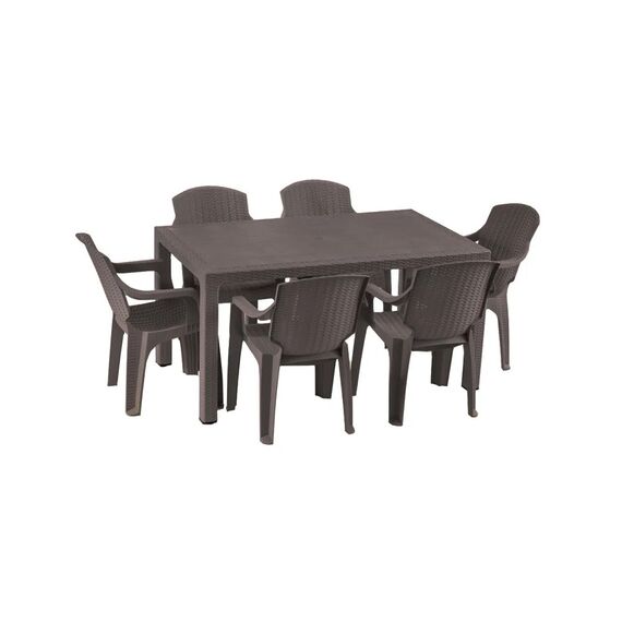 Set masa DacEnergy©, fabricat din polipropilena, cu model impletitura de ratan, forma dreptunghiulara, cu 6 scaune, pentru interior/ exterior, 150 x 90 x 74 cm, wenge, Numar persoane	: 6, Culoare: Wenge-Dacenergy.ro