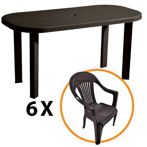 Set mobilier gradina DacEnergy©, fabricat din polipropilena, masa ovala si sase scaune, rezistent la umiditate si UV, maro, Numar persoane	: 6, Culoare: Maro-poza 2-Dacenergy.ro