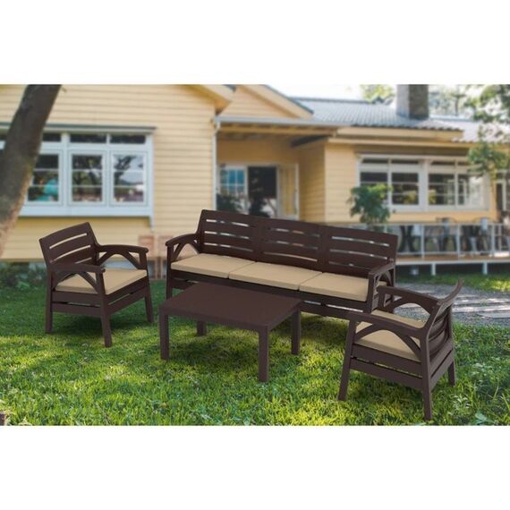 Set mobilier gradina DacEnergy©, polipropilena, cu 2 fotolii si o canapea cu perne, 5 persoane, rezistenta la factorii atmosferici si razele UV, 79 x 55 x 38 cm, maro + crem, Numar persoane	: 5-poza 2-Dacenergy.ro