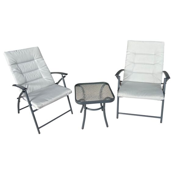 Set mobilier gradina DacEnergy©, realizat din tesatura si metal, o masa si doua scaune, 45 x 45 x 45 cm, cu perne, gri deschis si gri inchis-poza 3-Dacenergy.ro