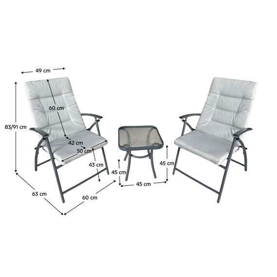 Set mobilier gradina DacEnergy©, realizat din tesatura si metal, o masa si doua scaune, 45 x 45 x 45 cm, cu perne, gri deschis si gri inchis-poza 4-Dacenergy.ro