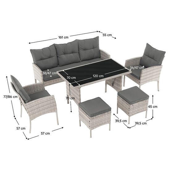 Set mobilier gradina DacEnergy©, constructie metalica, ratan sintetic, masa din sticla temperata, o canapea cu trei locuri, 2 fotolii, 2 taburete si o masa, 120 x 70 x 70 cm, gri deschis-poza 7-Dacenergy.ro