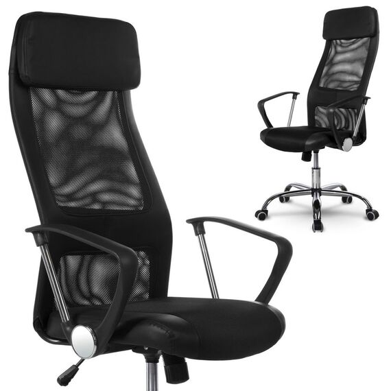 Scaun birou DacEnergy©, din microplasa, cu baza cromata, spatar inalt, ergonomic, cotiere confortabile, functia de blocare verticala, tetiera integrata, negru, Culoare: Negru-poza 4-Dacenergy.ro