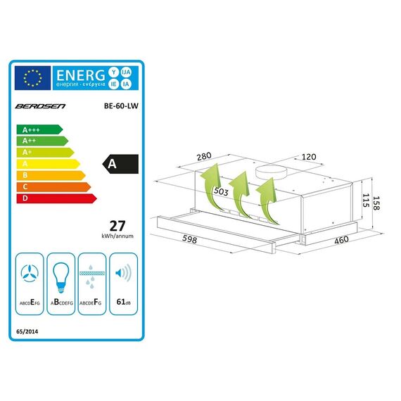Hota incorporabila, din otel inoxidabil, iluminat Led, buton de control, 2 trepte de viteza, 175 mc/h, 74 W, 60 cm, argintie-poza 6-Dacenergy.ro