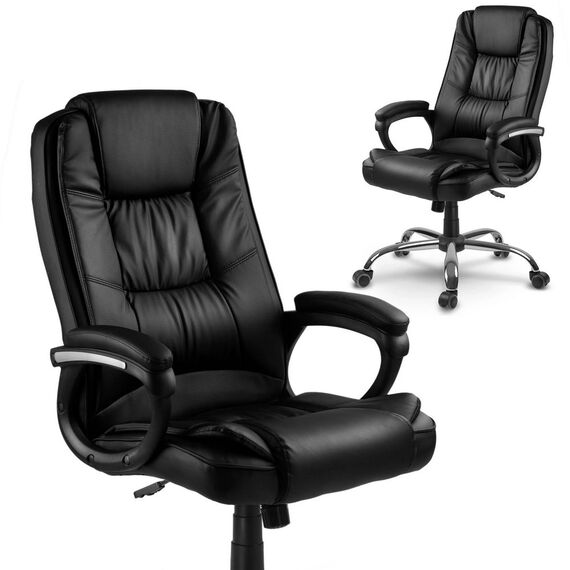 Scaun birou DacEnergy, spatar moale, strat dublu de burete, forma ergonomica, suport lombar, 125x60 cm, piele, negru, Culoare: Negru, Crom-poza 2-Dacenergy.ro