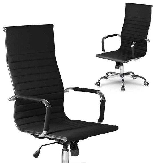 Scaun birou DacEnergy, din piele ecologica, baza lata, cromata, spatar inalt, ergonomic, lift cu gaz, functie de balansare, negru, Culoare: Negru-poza 2-Dacenergy.ro