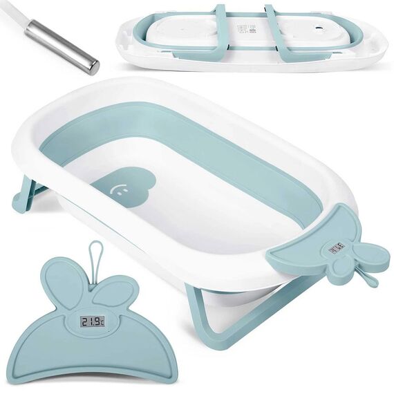 Cada de baie pentru bebelusi , realizata din plastic, cu termometru, pliabila, picioare antiderapante, design ergonomic, alb si albastru, Culoare: Albastru-poza 2-Dacenergy.ro