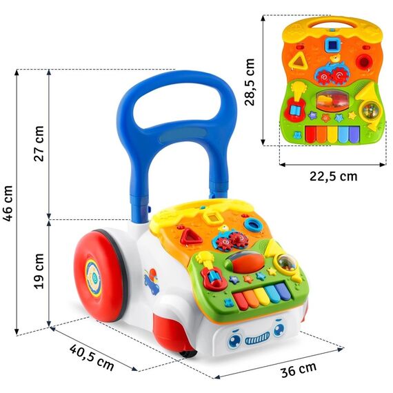 Premergator pentru copii 2in1 , solid si durabil, roti cu blocare si cauciuc antiderapant, cu pian pe un panou educational, cu sunet, 40,5 x36 x46 cm, alb, Culoare: Multicolor-poza 3-Dacenergy.ro