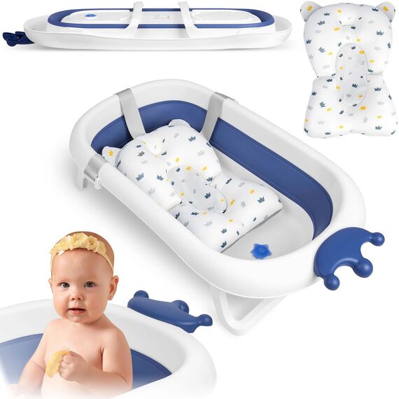 Cadita pliabila pentru baie copii , pliabila, picioare antiderapante, dop senzor de temperatura, perna inclusa, maxim 45 kg, 50 x 21 cm, albastru si alb, Culoare: Albastru-poza 3-Dacenergy.ro