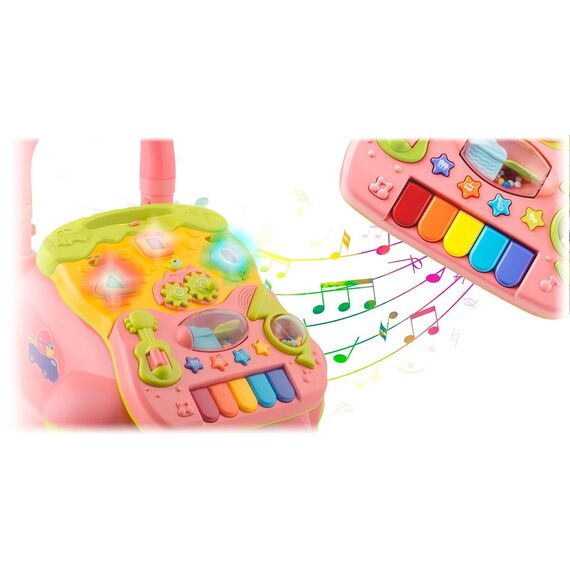 Premergator pentru copii 2in1, solid si durabil, roti cu blocare si cauciuc antiderapant, cu pian pe un panou educational, cu sunet, 40,5 x36 x46 cm, roz, Culoare: Roz-poza 3-Dacenergy.ro