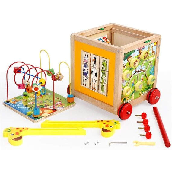 Premergator pentru copii DacEnergy©, din lemn, cu activitati diverse, ceas, mini abac, piese rotative inscriptionate cu cifre si animale, puzzle cu animale rasucite, labirint cu bile, 30 x33 x52 cm, multicolor-poza 3-Dacenergy.ro