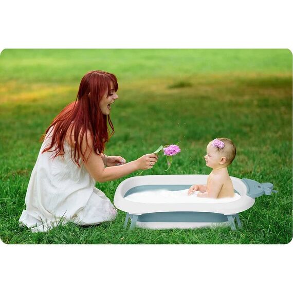 Cada de baie pentru bebelusi , realizata din plastic, cu termometru, pliabila, picioare antiderapante, design ergonomic, alb si albastru, Culoare: Albastru-poza 4-Dacenergy.ro