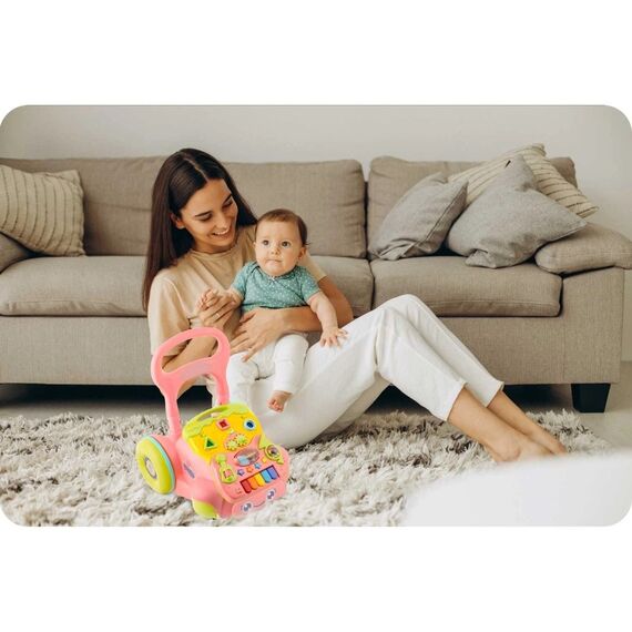 Premergator pentru copii 2in1, solid si durabil, roti cu blocare si cauciuc antiderapant, cu pian pe un panou educational, cu sunet, 40,5 x36 x46 cm, roz, Culoare: Roz-poza 5-Dacenergy.ro