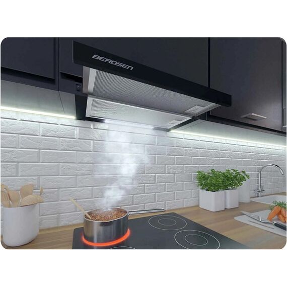 Hota incorporabila, din otel inoxidabil, iluminat Led, buton de control, 2 trepte de viteza, 200 mc/h, 80 W, 60 cm, negru-poza 5-Dacenergy.ro