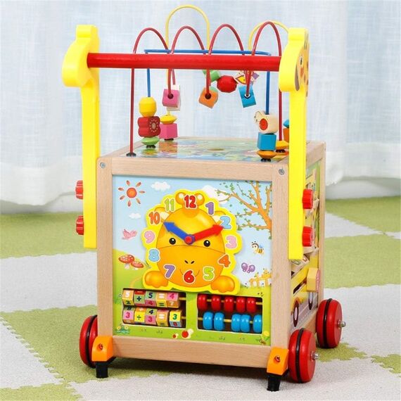Premergator pentru copii DacEnergy©, din lemn, cu activitati diverse, ceas, mini abac, piese rotative inscriptionate cu cifre si animale, puzzle cu animale rasucite, labirint cu bile, 30 x33 x52 cm, multicolor-poza 5-Dacenergy.ro
