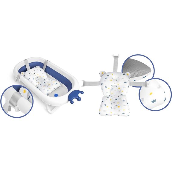 Cadita pliabila pentru baie copii , pliabila, picioare antiderapante, dop senzor de temperatura, perna inclusa, maxim 45 kg, 50 x 21 cm, albastru si alb, Culoare: Albastru-poza 6-Dacenergy.ro