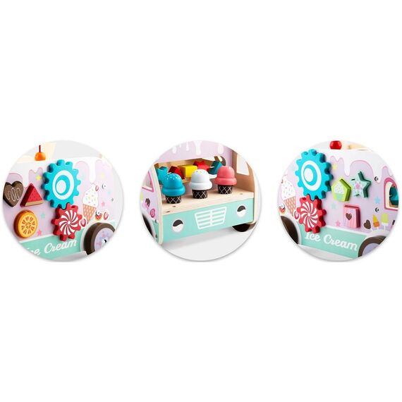 Premergator pentru copii  din lemn, cu activitati Montessori de joaca, roti stabile, pivotante, maner confortabil, tip magazin de inghetata, 48 x 27.5 x 40.5 cm, roz, Culoare: Roz-poza 6-Dacenergy.ro