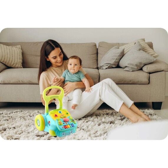 Premergator pentru copii 2in1 , solid si durabil, roti cu blocare si cauciuc antiderapant, cu pian pe un panou educational, cu sunet, 40,5 x36 x46 cm, turcoaz, Culoare: Turcoaz-poza 7-Dacenergy.ro