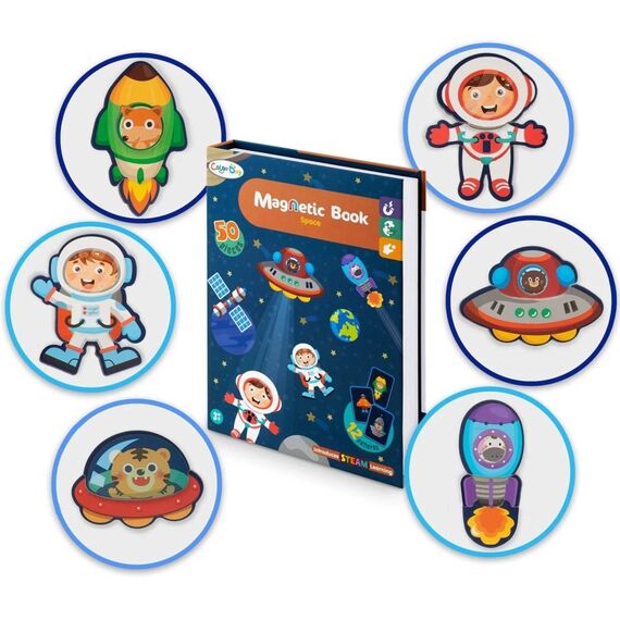 Carte magnetica , stimuleaza creativitatea si imaginatia, dezvolta abilitatile motorii fine, piese de puzzle, cu nave, rachete, planete si astronauti, 19.5 x 4 x 26.5 cm, 50 de piese, Interese: Astronomie-poza 7-Dacenergy.ro