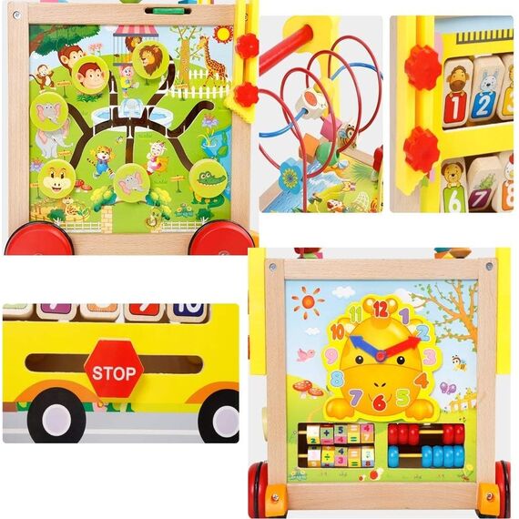 Premergator pentru copii DacEnergy©, din lemn, cu activitati diverse, ceas, mini abac, piese rotative inscriptionate cu cifre si animale, puzzle cu animale rasucite, labirint cu bile, 30 x33 x52 cm, multicolor-poza 7-Dacenergy.ro
