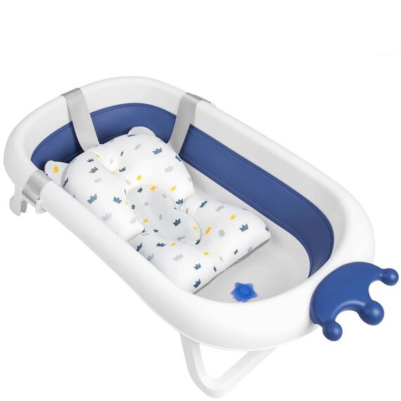 Cadita pliabila pentru baie copii , pliabila, picioare antiderapante, dop senzor de temperatura, perna inclusa, maxim 45 kg, 50 x 21 cm, albastru si alb, Culoare: Albastru-poza 8-Dacenergy.ro