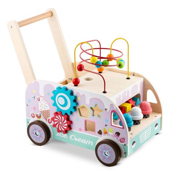 Premergator pentru copii  din lemn, cu activitati Montessori de joaca, roti stabile, pivotante, maner confortabil, tip magazin de inghetata, 48 x 27.5 x 40.5 cm, roz, Culoare: Roz-poza 8-Dacenergy.ro