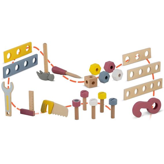 Premergator pentru copii din lemn, cu activitati Montessori de joaca, roti stabile, pivotante, maner, tip atelier cu unelte, tabla cu creta de scris, 43 x 28 x 40 cm, albastru, Culoare: Albastru-poza 8-Dacenergy.ro