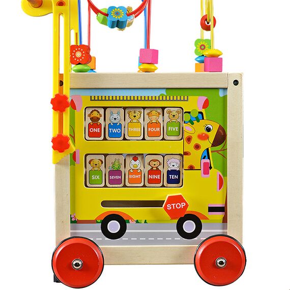 Premergator pentru copii DacEnergy©, din lemn, cu activitati diverse, ceas, mini abac, piese rotative inscriptionate cu cifre si animale, puzzle cu animale rasucite, labirint cu bile, 30 x33 x52 cm, multicolor-poza 8-Dacenergy.ro