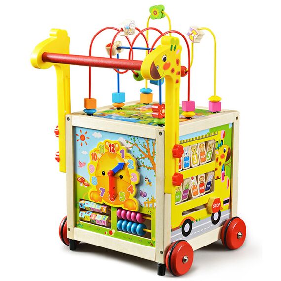 Premergator pentru copii DacEnergy©, din lemn, cu activitati diverse, ceas, mini abac, piese rotative inscriptionate cu cifre si animale, puzzle cu animale rasucite, labirint cu bile, 30 x33 x52 cm, multicolor-poza 9-Dacenergy.ro