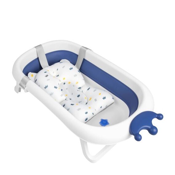 Cadita pliabila pentru baie copii , pliabila, picioare antiderapante, dop senzor de temperatura, perna inclusa, maxim 45 kg, 50 x 21 cm, albastru si alb, Culoare: Albastru-Dacenergy.ro
