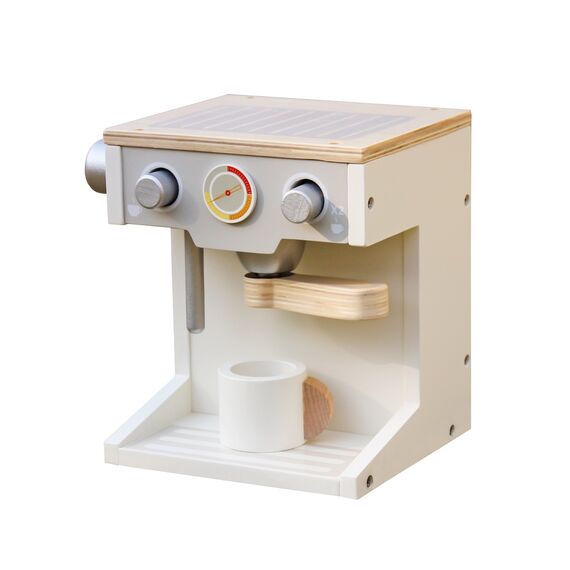 Aparat de cafea pentru copii DacEnergy©, realizat din lemn, cu ceasca, 17,7 cm x 16,5 cm x 14,5 cm, argintiu si alb, Culoare: Alb,Argintiu-Dacenergy.ro