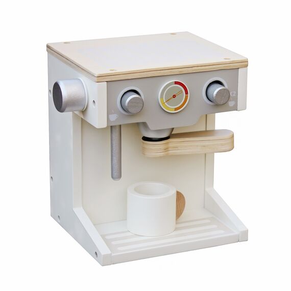 Aparat de cafea pentru copii DacEnergy©, realizat din lemn, cu ceasca, 17,7 cm x 16,5 cm x 14,5 cm, argintiu si alb, Culoare: Alb,Argintiu-poza 2-Dacenergy.ro