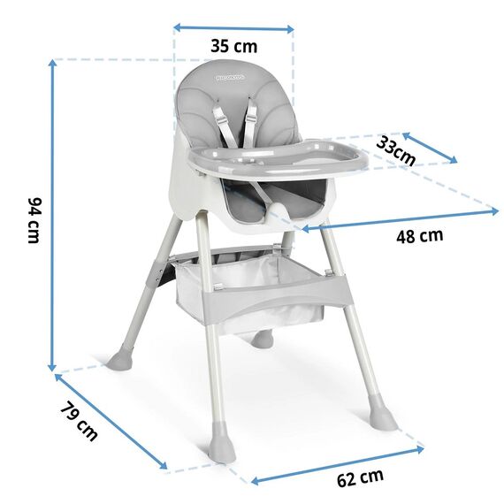 Scaun de masa bebe, 3in1, centura de siguranta in 5 puncte, picioare antiderapante, tava detasabila, pliabil, cos depozitare, gri, Culoare: Gri-poza 2-Dacenergy.ro