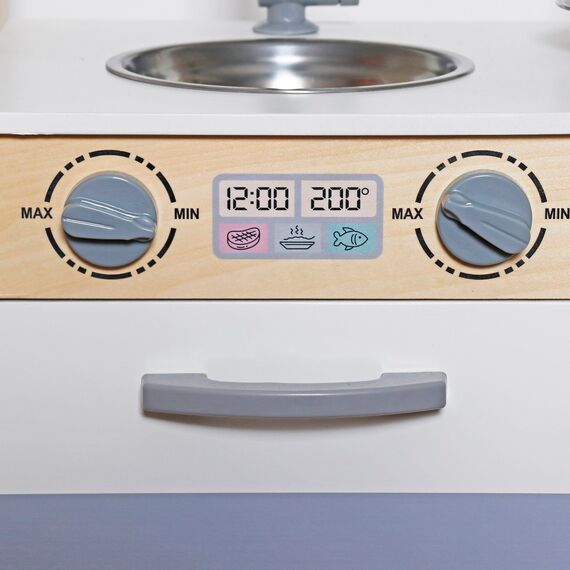 Set bucatarie copii DacEnergy©, realizata din MDF si lemn, oala, tigaie, 3 ustensile de bucatarie, electrocasnice, 60 x30 x84.5 cm, alb mat si natur-poza 3-Dacenergy.ro