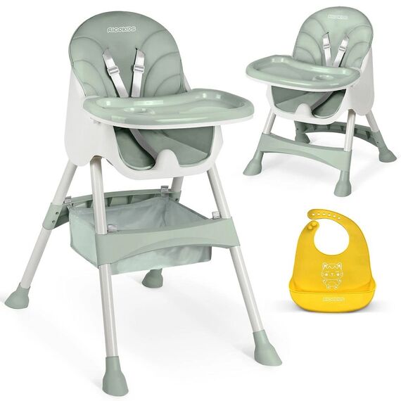 Scaun de masa bebe, 3in1, centura de siguranta in 5 puncte, picioare antiderapante, tava detasabila, pliabil, cos depozitare, verde, Culoare: Verde-poza 3-Dacenergy.ro