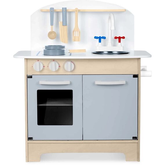 Set bucatarie copii, din lemn, cu oala, tigaie, lingura, spatula si cutit, natur si gri, 48,5 x 28 x 70 cm-Dacenergy.ro