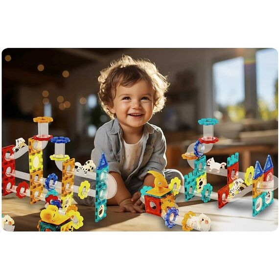 Set de construit cu piese magnetice , stimuleaza creativitatea si imaginatia, exerseaza coordonarea mana-ochi, cu figurine dinozauri si oameni, un tobogan, 153 de elemente, Numar piese	: 153-poza 5-Dacenergy.ro