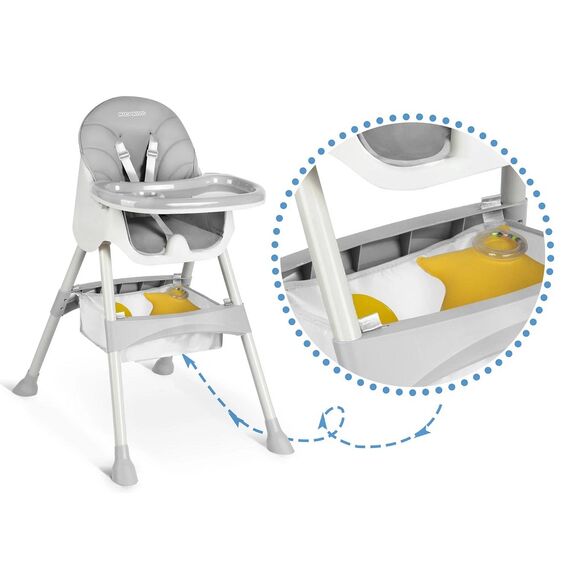 Scaun de masa bebe, 3in1, centura de siguranta in 5 puncte, picioare antiderapante, tava detasabila, pliabil, cos depozitare, gri, Culoare: Gri-poza 6-Dacenergy.ro