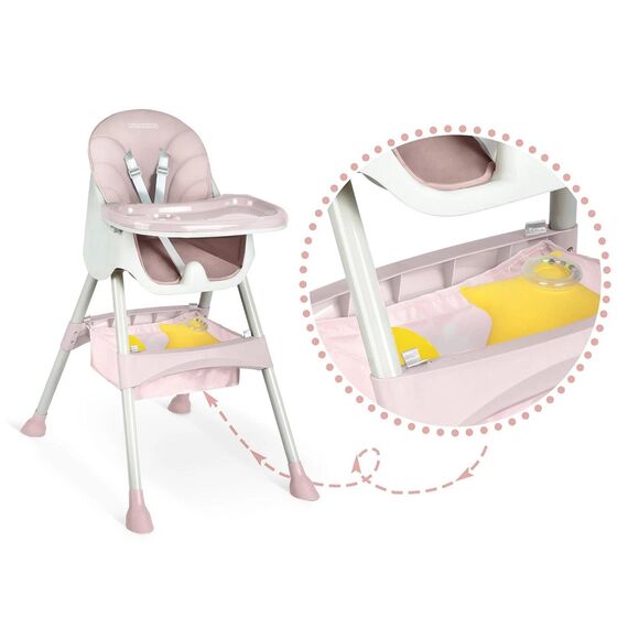 Scaun de masa bebe, 3in1, centura de siguranta in 5 puncte, picioare antiderapante, tava detasabila, pliabil, cos depozitare, roz, Culoare: Roz-poza 9-Dacenergy.ro