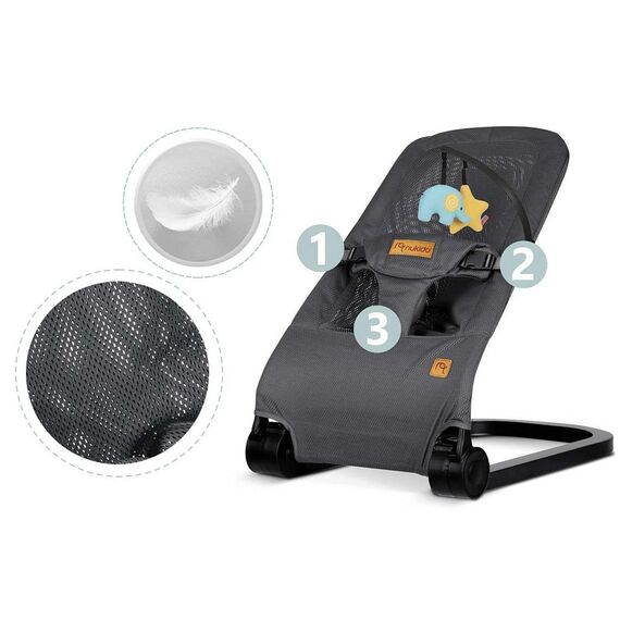 Balansoar bebelusi, cadru metalic, material textil, pozitie sigura, ergonomica, pliabil, reglare inclinare a spatarului in 3 trepte, picioare anti-alunecare, cu jucarii, gri, Culoare: Gri, Negru-poza 10-Dacenergy.ro