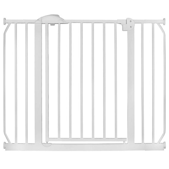 Bariera poarta de protectie copii, realizata din metal si plastic, deschidere pe 2 fete, latime reglabila, 75-105 cm, posibilitatea de blocare, alba-Dacenergy.ro