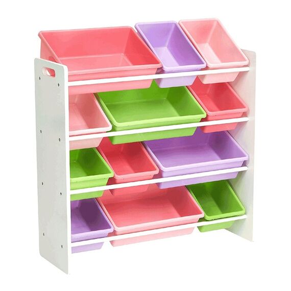 Organizator de jucarii DacEnergy©, 12 cutii de depozitare, plastic, practic, structura robusta, din Mdf, 86 x 26,5 x 78 cm, roz, Culoare: Roz-Dacenergy.ro