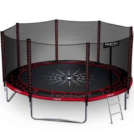 Trambulina de gradina, plasa externa de siguranta, scara metalica solida, 4 picioare duble, model unic de panza de paianjen, intrarea inchisa cu fermoar si catarama, 435 cm, rosu si negru, Culoare: Rosu, Negru,  Diametru: 435 cm-Dacenergy.ro