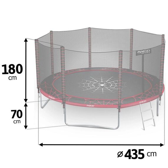Trambulina de gradina, plasa externa de siguranta, scara metalica solida, 4 picioare duble, model unic de panza de paianjen, intrarea inchisa cu fermoar si catarama, 435 cm, rosu si negru, Culoare: Rosu, Negru,  Diametru: 435 cm-poza 6-Dacenergy.ro