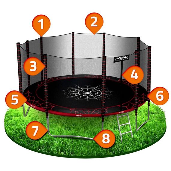 Trambulina de gradina, plasa externa de siguranta, scara metalica solida,  5 picioare duble, model unic de panza de paianjen, intrarea inchisa cu fermoar si catarama, 465 cm, rosu si negru, Culoare: Rosu, Negru,  Diametru: 465 cm-poza 3-Dacenergy.ro