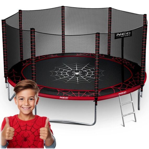 Trambulina de gradina, plasa externa de siguranta, scara metalica solida, 4 picioare duble, model unic de panza de paianjen, intrarea inchisa cu fermoar si catarama, 374 cm, rosu si negru, Culoare: Rosu, Negru,  Diametru: 374 cm-poza 2-Dacenergy.ro