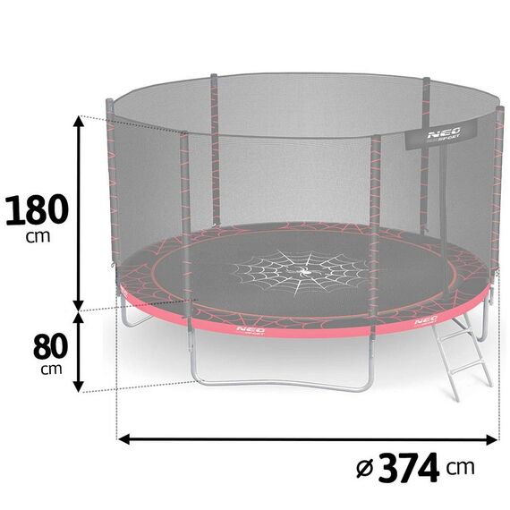 Trambulina de gradina, plasa externa de siguranta, scara metalica solida, 4 picioare duble, model unic de panza de paianjen, intrarea inchisa cu fermoar si catarama, 374 cm, rosu si negru, Culoare: Rosu, Negru,  Diametru: 374 cm-poza 4-Dacenergy.ro
